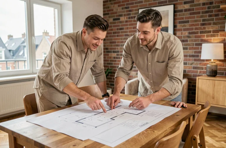 Couple étudiant des plans architecturaux pour un projet immobilier en Belgique