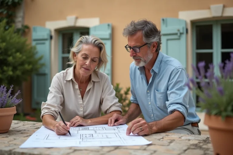 Couple examinant des plans de rénovation de villa sur une terrasse en pierre à Cassis, avec des murs en calcaire et des volets provençaux en arrière-plan