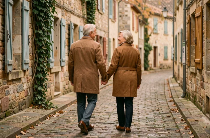 Couple de seniors se promenant main dans la main dans une ruelle pavée d'un village européen en automne, symbolisant la douceur de vivre et l'art de profiter pleinement du temps qui passe