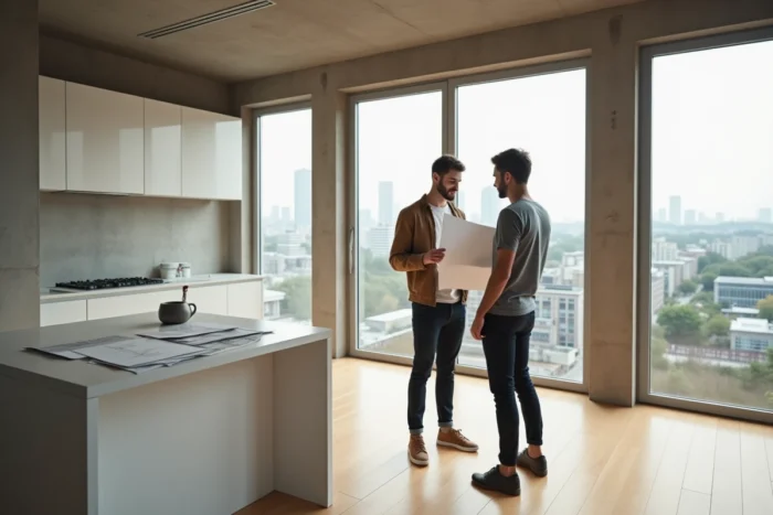Jeune couple visitant un appartement vide et consultant des plans de rénovation immobilière