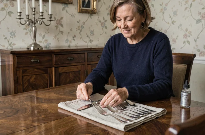 Femme inspectant des couverts en argent nettoyés et brillants disposés sur une serviette en lin dans une salle à manger élégante