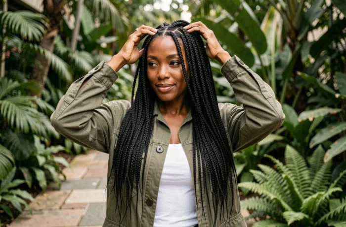 Femme aux longs cheveux crépus naturels en twist-out dans un jardin botanique urbain