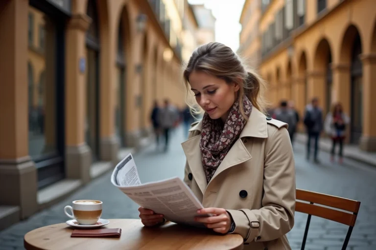 Femme lisant un journal local dans un café en plein air dans le Vieux-Lyon, ambiance culturelle lyonnaise authentique