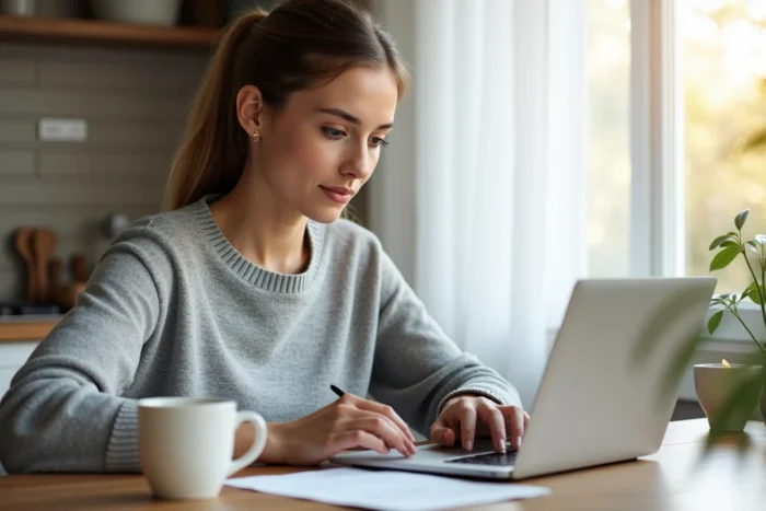 Jeune femme effectuant une demande de certificat d'état civil en ligne depuis son domicile