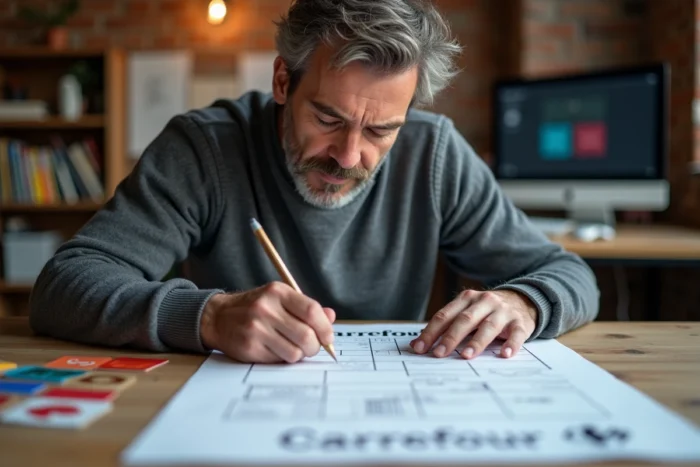 Designer graphique étudiant la grille de construction du logo Carrefour avec des annotations sur papier dans un studio créatif