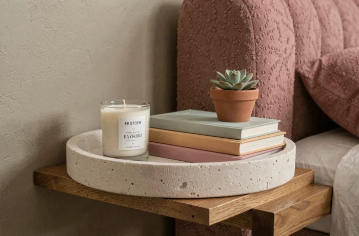 Gros plan sur une étagère de chambre décorative avec bougie parfumée, livres aux couvertures pastels, plante succulente en pot en terre cuite et tête de lit en bouclette rose poussiéreux