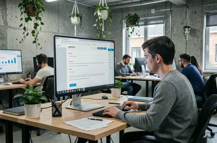 Jeune développeur web modifiant les mentions légales obligatoires d'un site internet dans un espace de coworking