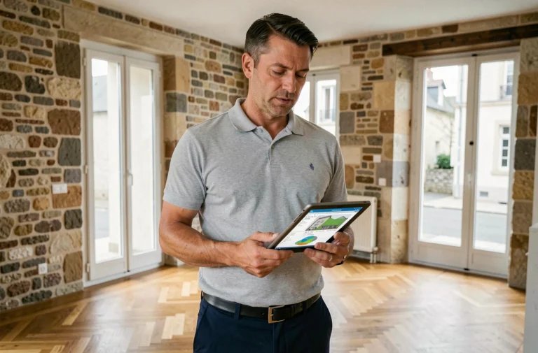 Diagnostiqueur immobilier professionnel tenant une tablette dans un appartement rennais avec murs en pierre apparente