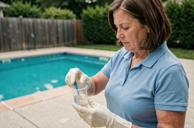 Femme mesurant la dose de javel pour piscine avec des gants de protection au bord d'un bassin extérieur
