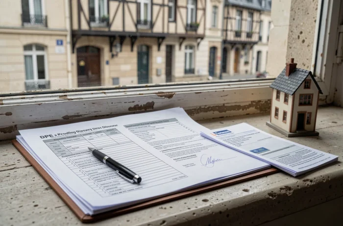 Dossier de diagnostics immobiliers ouvert sur un rebord de fenêtre à Rennes avec documents d'assurance et figurine de maison