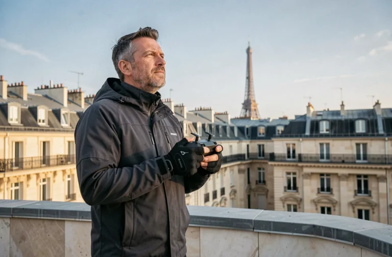 Opérateur de drone professionnel sur un toit parisien contrôlant une prise de vue aérienne pour l'immobilier