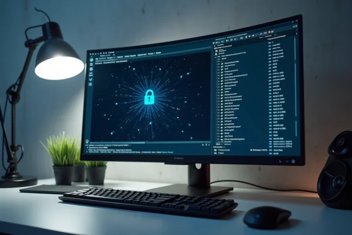 Écran d'ordinateur affichant une connexion VPN et un client torrent anonyme sur un bureau minimaliste moderne