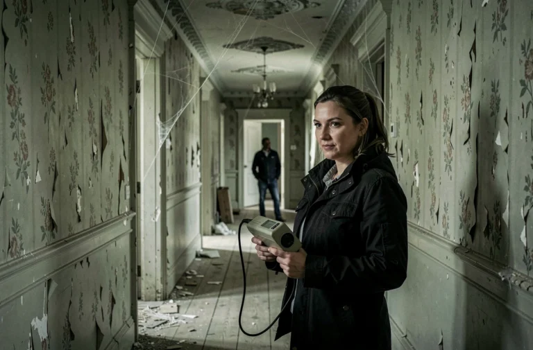 Enquêtrice paranormale tenant un détecteur de champ électromagnétique dans le couloir sombre d'un manoir victorien abandonné