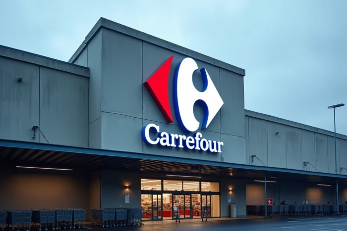 Enseigne lumineuse Carrefour en gros plan sur la façade d'un hypermarché vue depuis le parking, ciel couvert