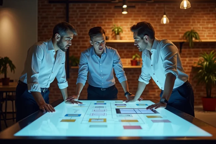 Équipe professionnelle collaborative travaillant sur des outils numériques de gestion de projet dans un espace de coworking moderne