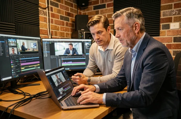 Équipe créative en post-production révisant le montage d'un film d'entreprise professionnel