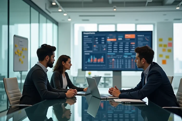 Équipe de professionnels en salle de réunion collaborant sur des outils digitaux et des logiciels de gestion d'entreprise