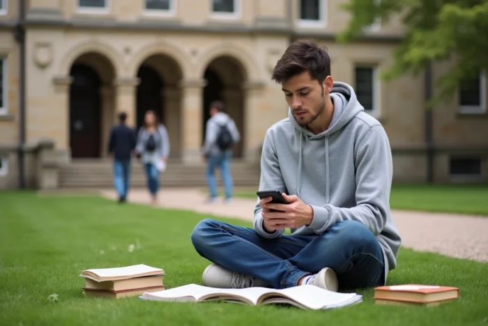 Étudiant en terminale consulte une application de calcul de moyenne sur un campus universitaire entouré de livres