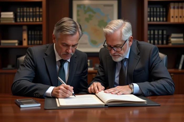 Deux experts d'un cabinet conseil bancaire examinant ensemble un rapport d'audit stratégique dans un bureau directorial