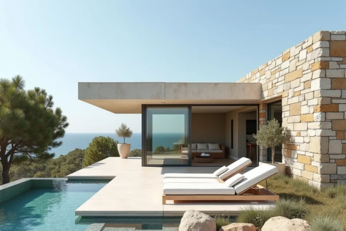 Extension moderne en béton et verre intégrée à une villa en pierre à Cassis, avec terrasse contemporaine et aperçu de la mer Méditerranée entre les pins