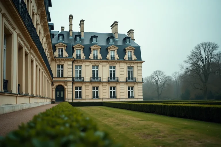 Façade extérieure du château de Groussay avec jardins formels à la française et architecture classique du XVIIIe siècle