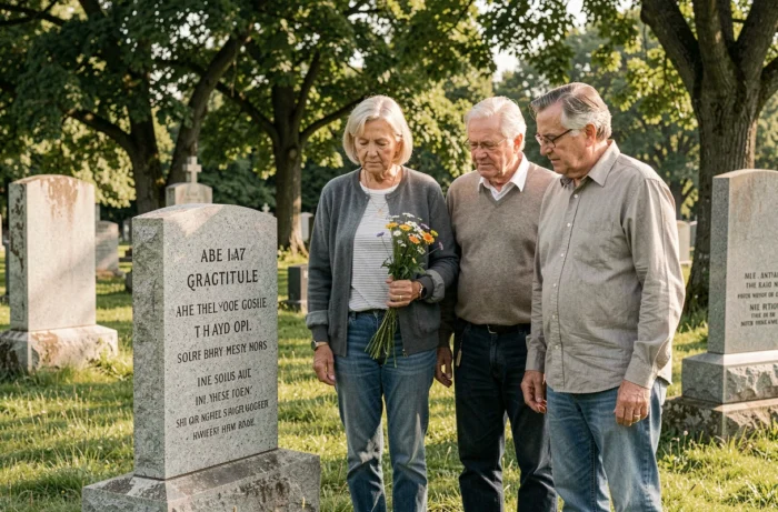 Famille de trois adultes devant une plaque funéraire en granit tenant des fleurs sauvages en hommage reconnaissant
