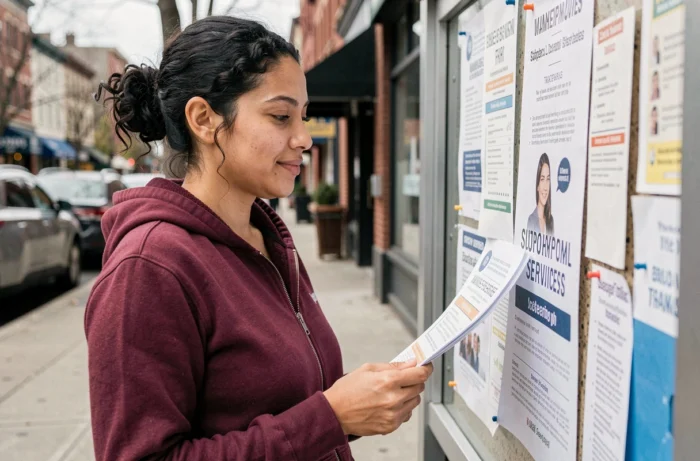 Femme lisant une affiche d'information sur les centres d'aide pour femmes dans la rue