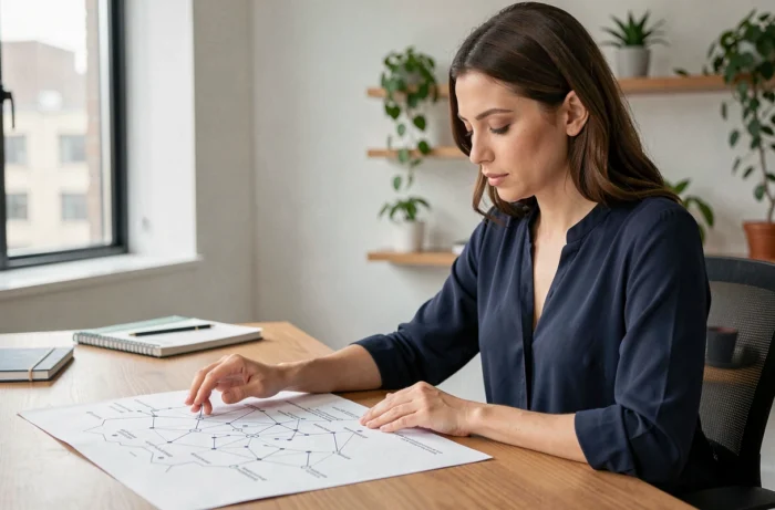 Femme analysant une sitemap imprimée sur un bureau dans un bureau moderne