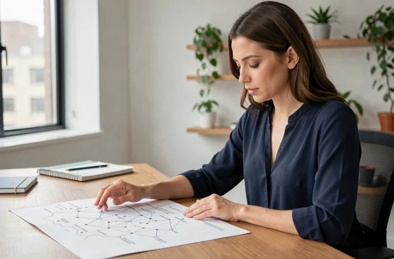 Femme analysant une sitemap imprimée sur un bureau dans un bureau moderne