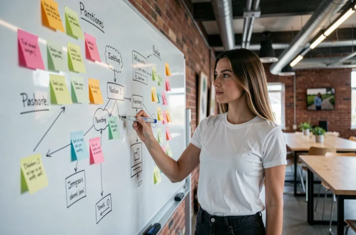 Jeune femme présentant une architecture de site web sur un tableau blanc en espace de coworking