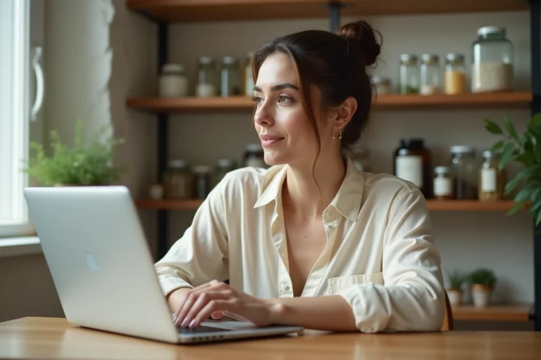 Femme consultant des avis clients sur le site Onatera depuis son bureau à domicile entouré de produits naturels