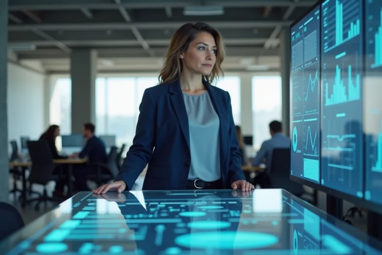 Femme cadre analysant des tableaux de bord numériques dans un bureau moderne connecté, illustrant la transformation digitale en entreprise