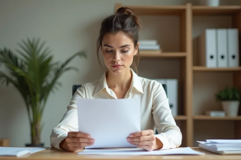 Femme consultant un certificat individuel d'état civil à son bureau dans un service administratif