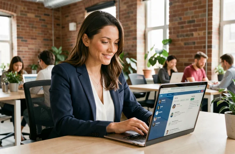Femme professionnelle cherchant des offres d'emploi en ligne dans un espace de coworking moderne