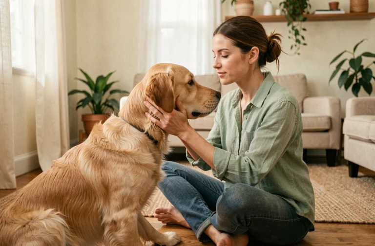 Femme en train de communiquer avec son chien golden retriever dans un salon chaleureux, symbole du lien émotionnel entre animaux de compagnie et leurs propriétaires