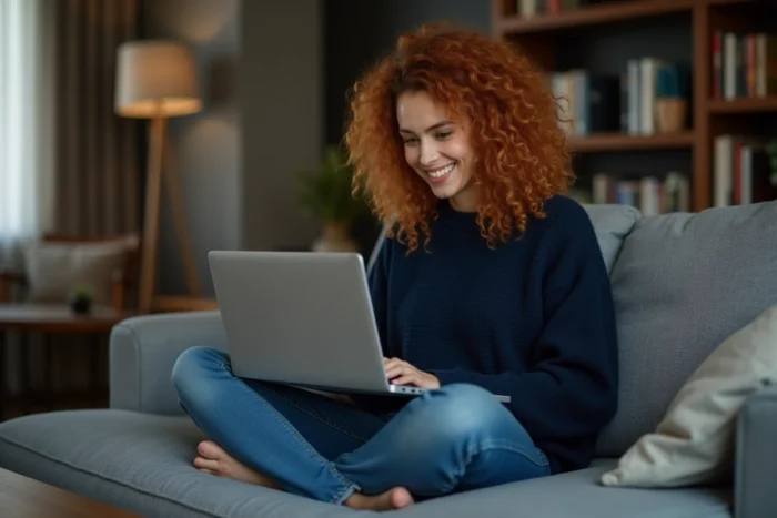 Femme consultant un client torrent sur son ordinateur portable dans un salon moderne, illustrant le téléchargement anonyme et sécurisé