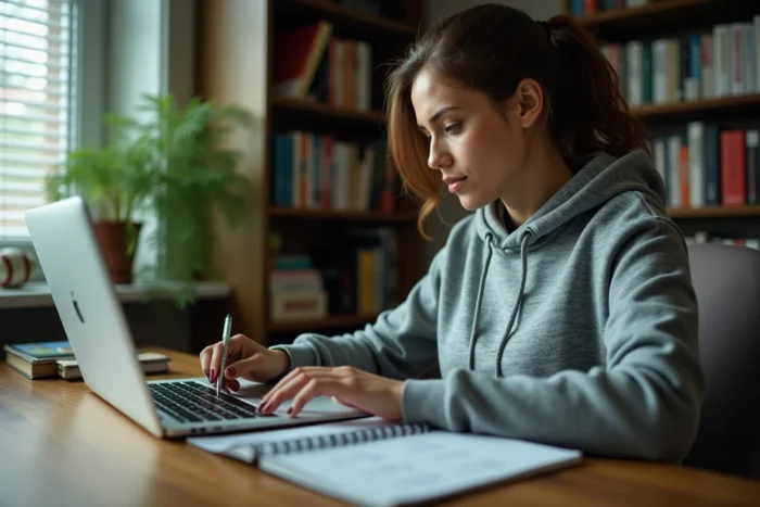 Femme comparant des offres de streaming pour regarder le Top 14 de rugby sur son ordinateur portable