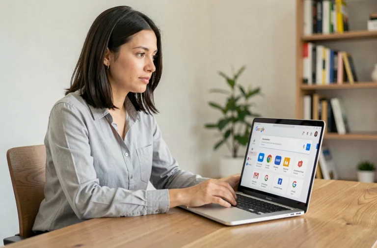 Femme consultant un tableau de bord de compte Google sur un ordinateur portable dans un bureau à domicile, illustrant les différences entre compte Google et Gmail