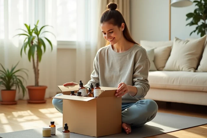 Jeune femme découvrant sa commande de produits naturels Onatera livrée à domicile dans son salon
