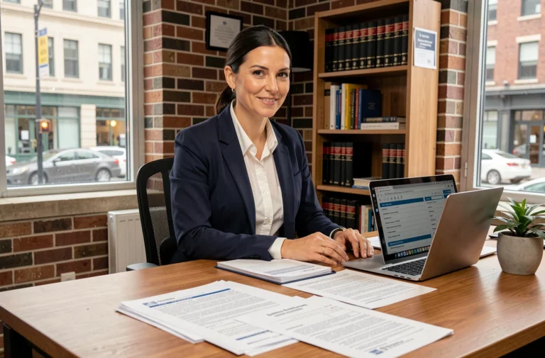 Femme entrepreneur étudiant les statuts juridiques pour une activité de location de matériel à son bureau