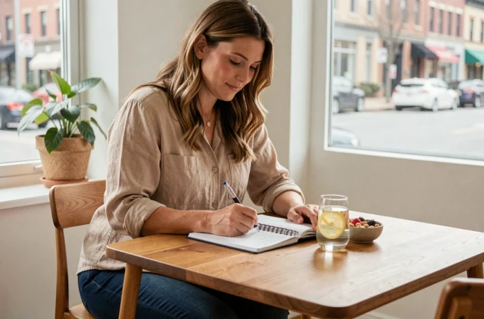 Femme notant son plan alimentaire dans un journal nutrition avec une eau citronnée pour perdre du poids efficacement