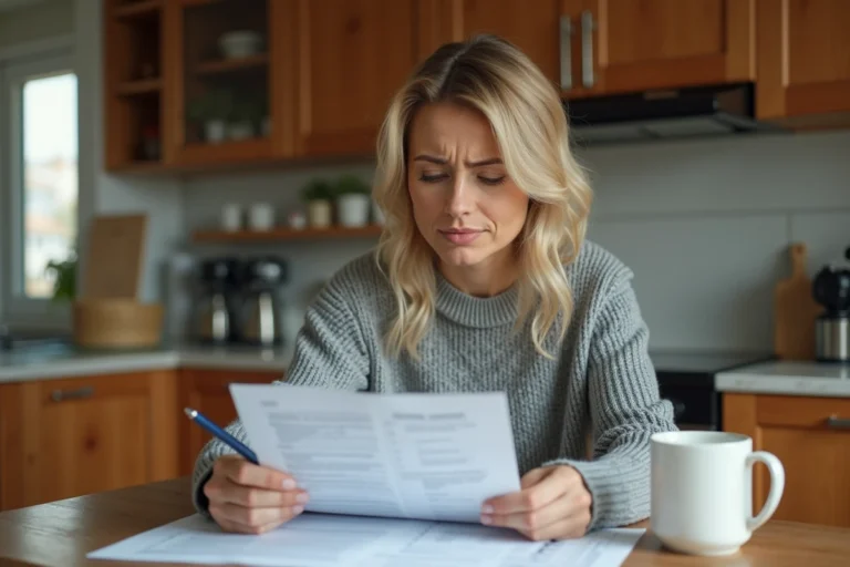 Femme lisant attentivement son contrat d'assurance habitation à la table de cuisine avant de l'annuler
