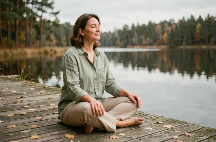 Femme pratiquant la pleine conscience assise sur un ponton en bois au bord d'un lac calme en automne, apprenant à ralentir et profiter du moment présent