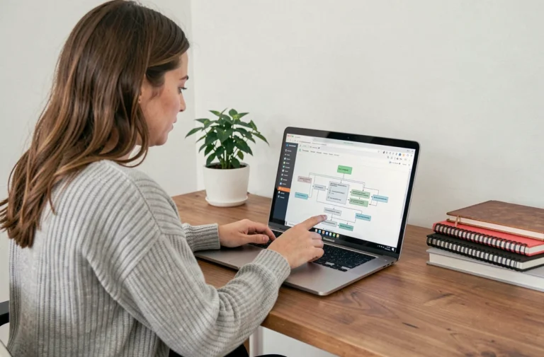 Femme consultant une page sitemap structurée sur un ordinateur portable dans un bureau à domicile moderne