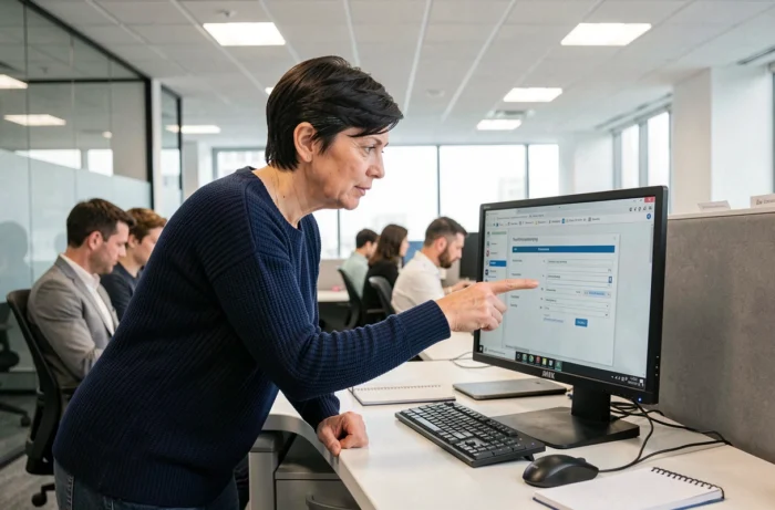 Femme en bureau montrant les paramètres DNS sur un écran d'ordinateur pour résoudre un problème d'accès à un site web