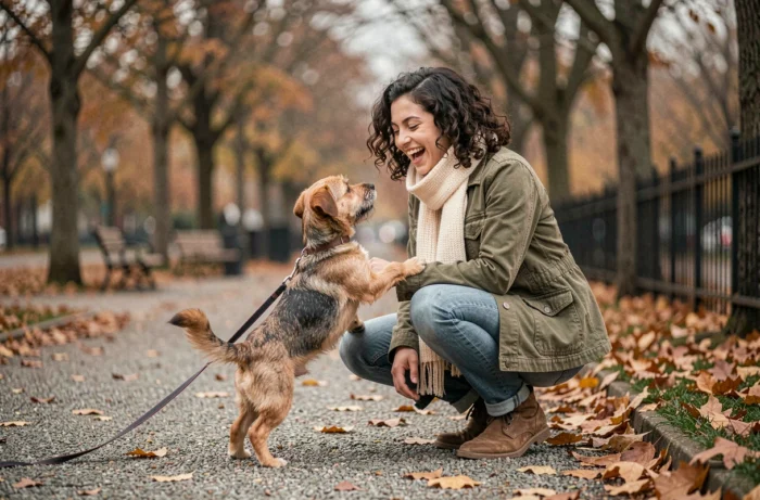 Jeune femme riant avec son petit chien métis dans un parc en automne, représentant la complicité et la joie partagée entre maîtres et animaux de compagnie