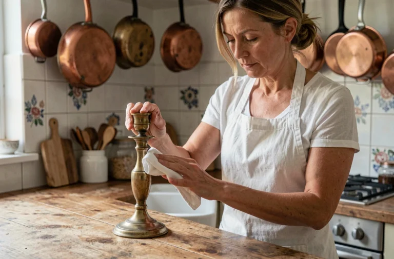 Femme polissant un bougeoir en laiton terni avec un chiffon doux dans une cuisine rustique