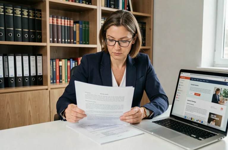 Femme professionnelle consultant des documents juridiques sur un bureau pour la rédaction des mentions légales d'un site web