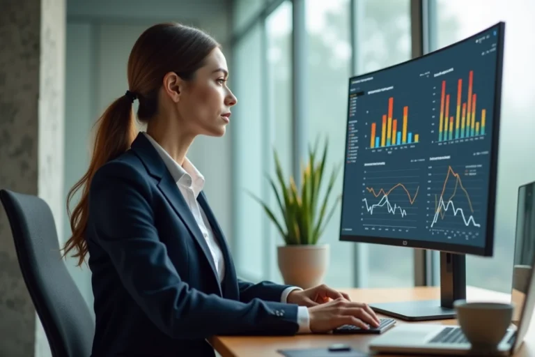 Femme professionnelle analysant des tableaux de bord digitaux sur un grand écran dans un bureau moderne, illustrant les outils de gestion d'entreprise