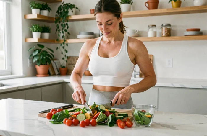 Femme préparant une salade fraîche et équilibrée dans une cuisine moderne pour perdre du poids rapidement